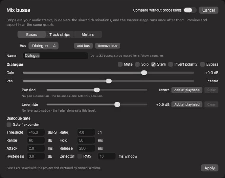 Meridian audio controls captured in the development preview