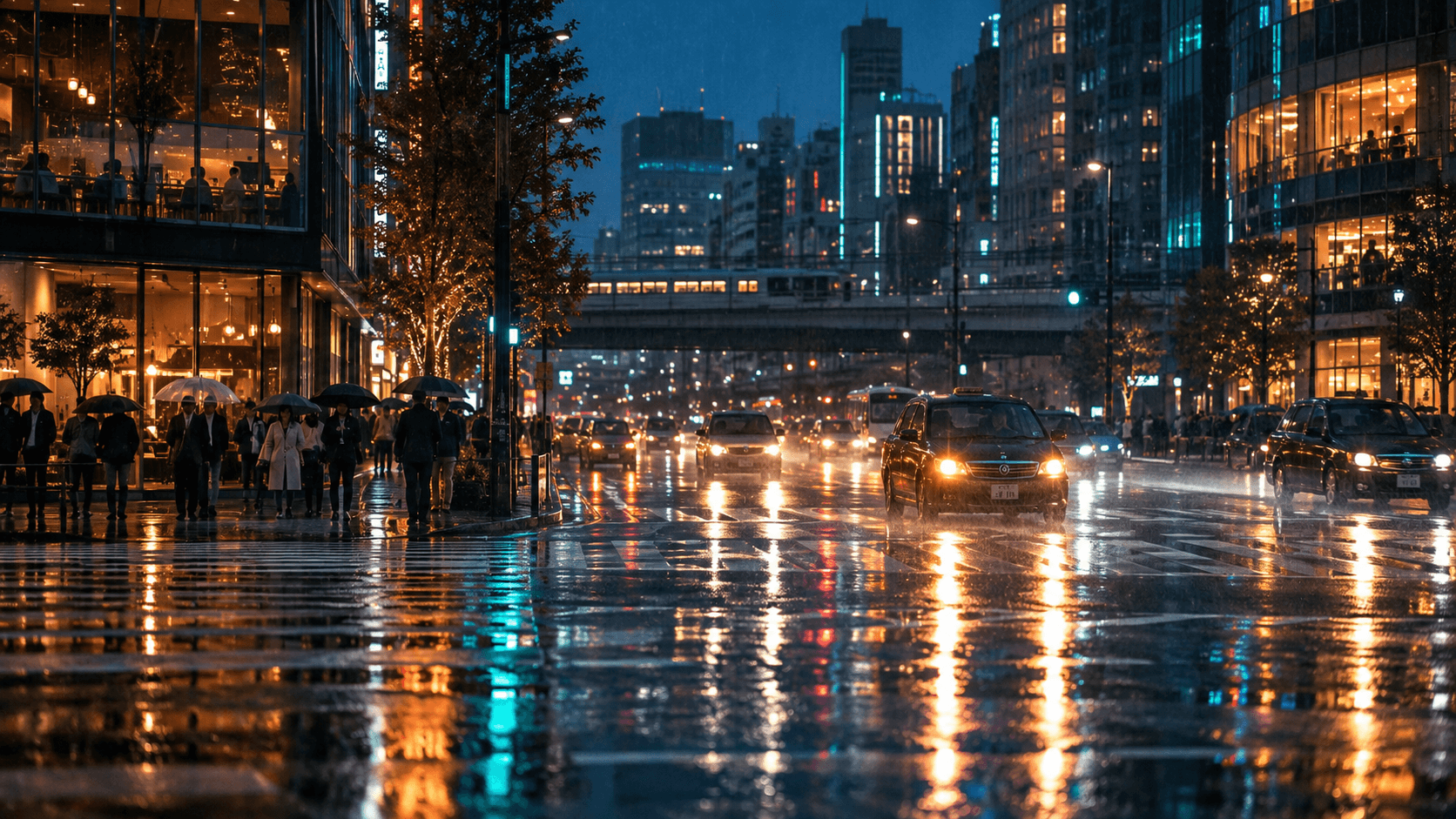 Amber and teal city lights reflected across a rain-soaked street
