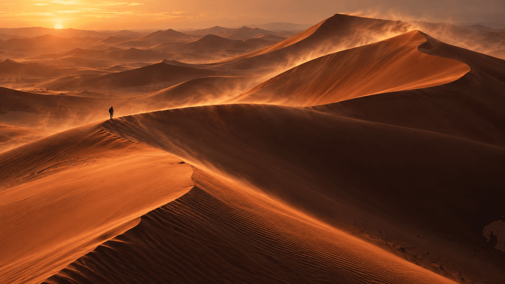 A lone adventurer crosses sculpted orange desert dunes
