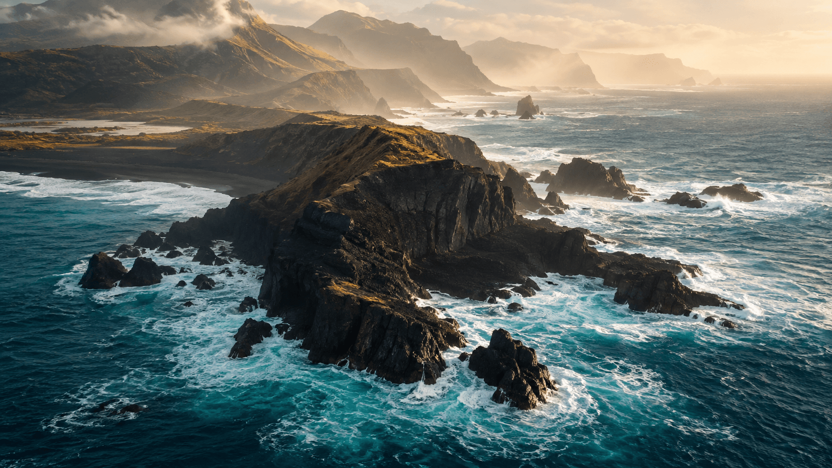 Turquoise waves wrap around a dramatic volcanic coastline